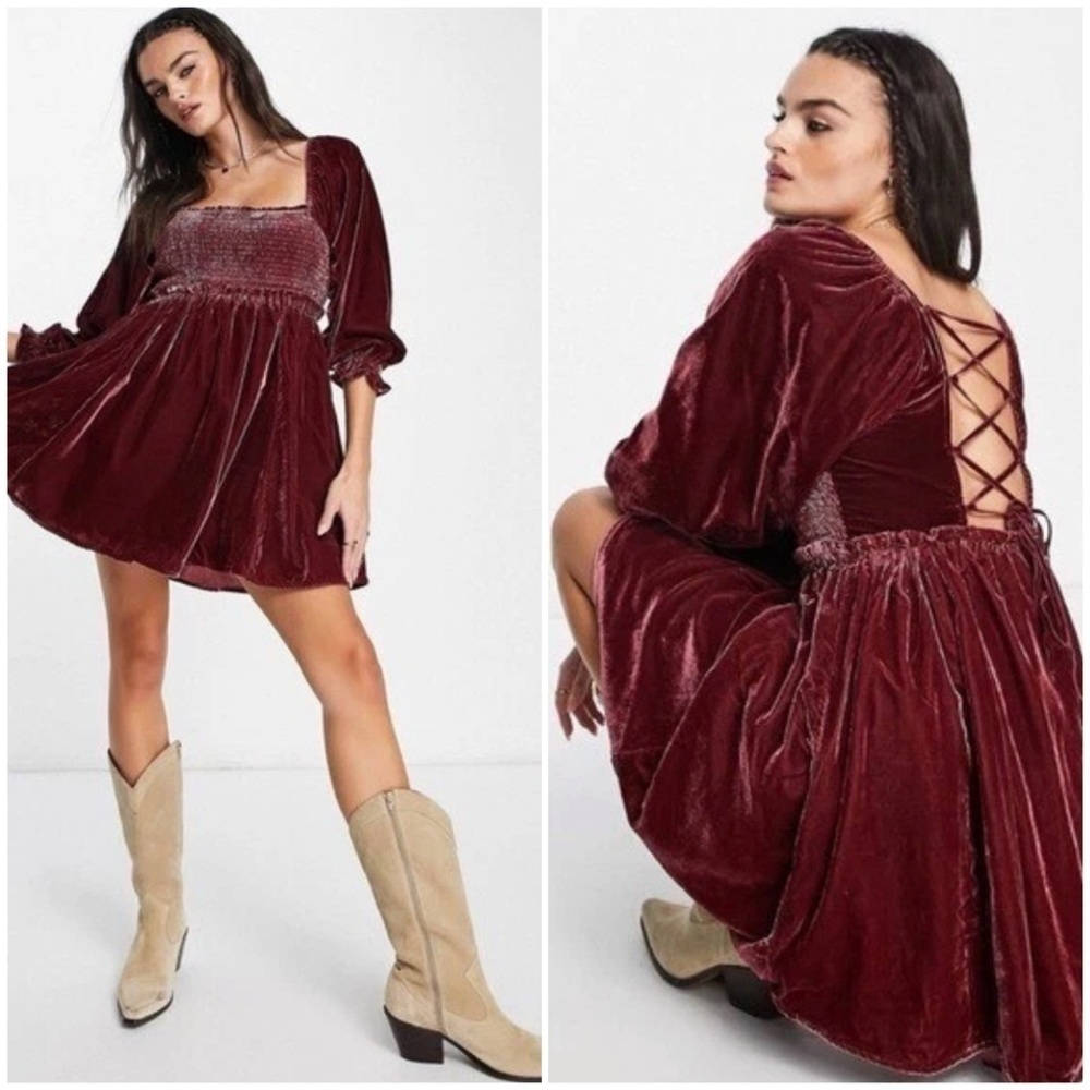 Free People Daphne Maroon Crushed Velvet Women’s Milkmaid Babydoll Dress Sz S